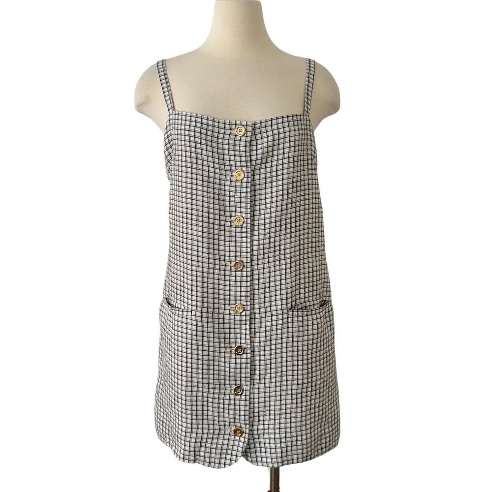 J Crew Claudia Plaid Linen Shift Mini Dress Button Up Ivory/Black CC080 Size L